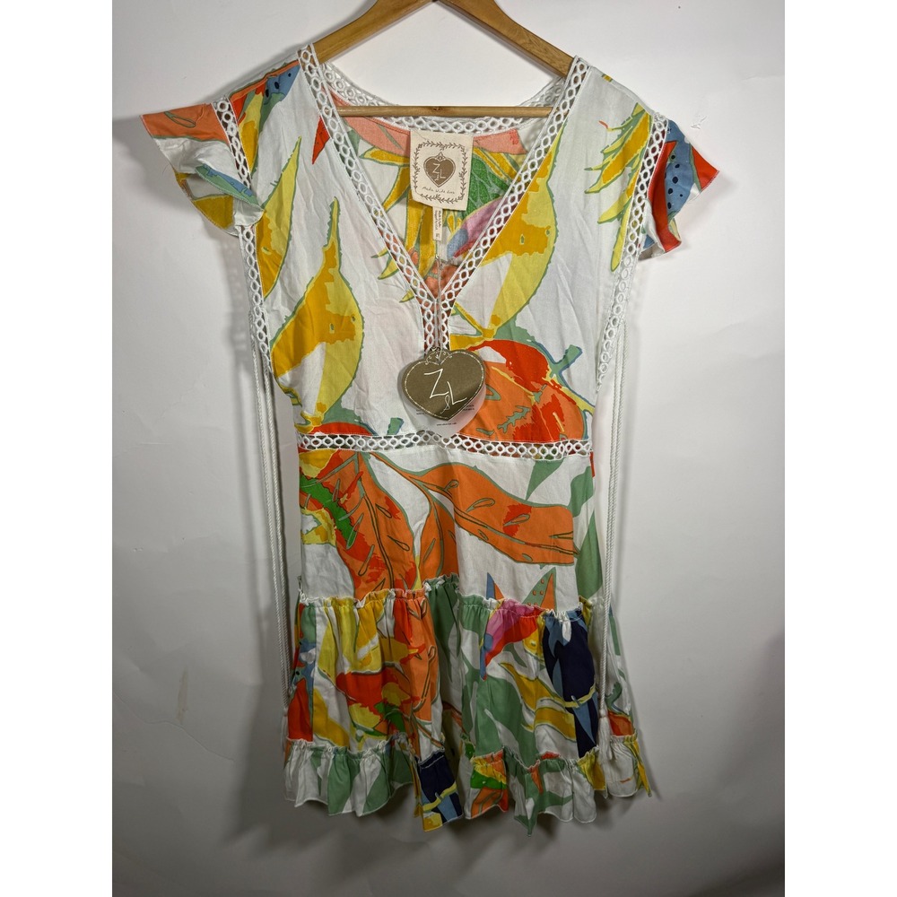 ZL Europe Tropical Toucan Print Mini Dress V-Neck Eyelet Lace Multi-Color Small